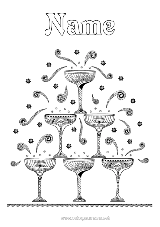 Coloring page to print Party Drinks Zentangle Champagne