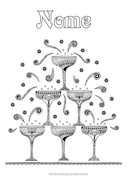 Pagina da colorare da stampare Festa Bevanda Zentangle Champagne