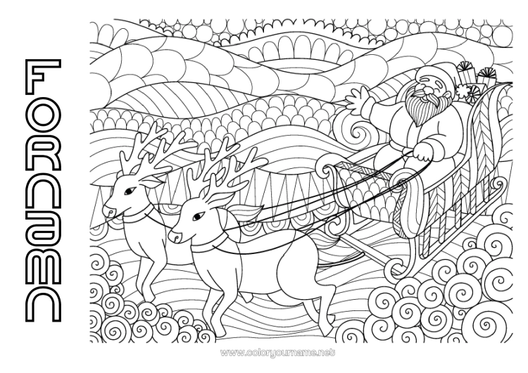 Färgläggningssida att skriva ut Jultomten Ren Släde Komplexa målarbilder Zentangle Skogens djur