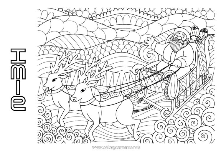 Kolorowanka do wydruku Święty Mikołaj Renifer Sanie Złożone kolorowanki Zentangle Zwierzęta leśne