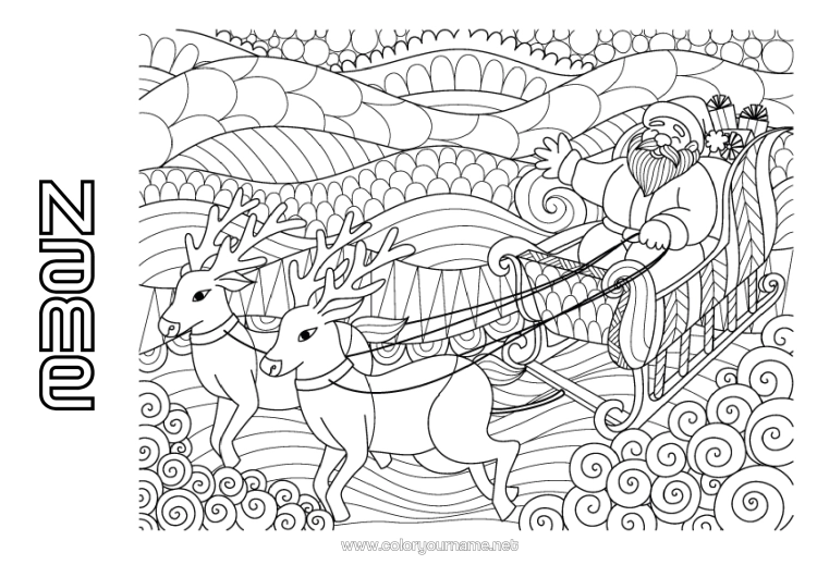 Colouring page to print Father Christmas Reindeer Sledge Complex Colouring Pages Zentangle Forest Animals