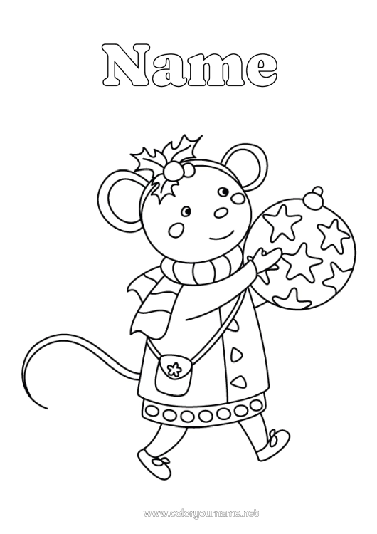 Colouring page to print Mouse Christmas Bauble Christmas Decorations Holly Forest Animals