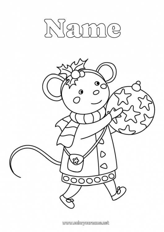 Coloring page to print Mouse Christmas bauble Christmas decorations Holly Forest animals