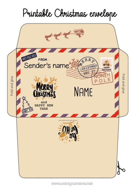 Colouring page to print Winter Christmas Happy New Year Envelope Print Envelope "Happy New Year" Christmas Envelope Ho Ho Ho