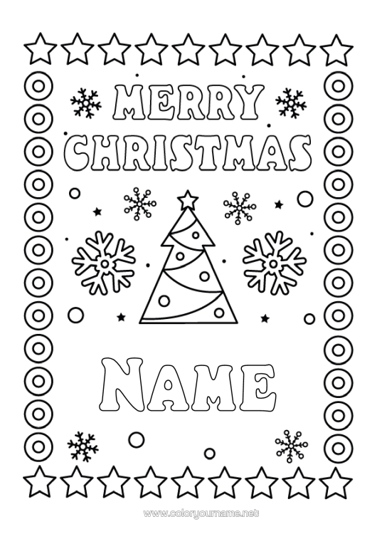 Colouring page to print Christmas Tree Christmas Snowflakes "Merry Christmas" Message