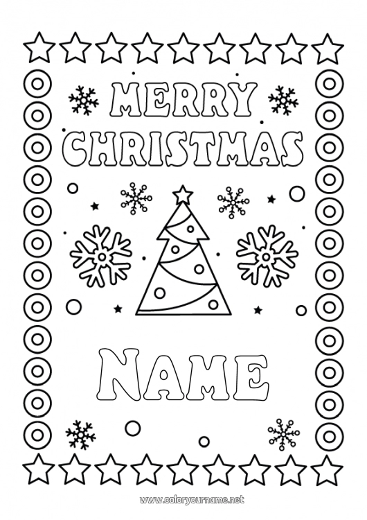 Coloring page to print Christmas tree Christmas Snowflakes “Merry Christmas” message