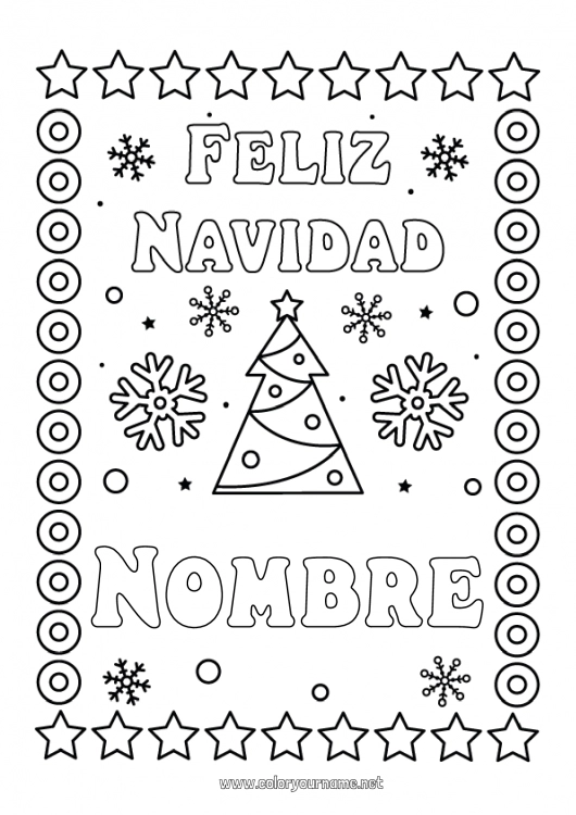 Dibujo para colorear para imprimir árbol de Navidad Navidad Copos de nieve Mensaje “Feliz Navidad”