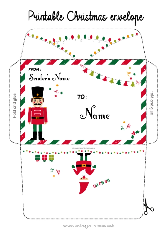 Coloring page to print Santa Claus Christmas Envelope Games and toys Envelope to print Nutcracker