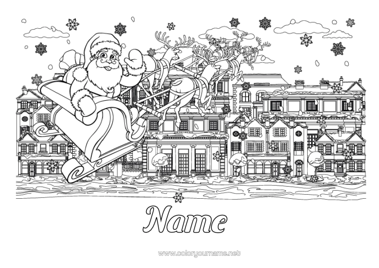 Colouring page to print Father Christmas Sledge Complex Colouring Pages Cityscape