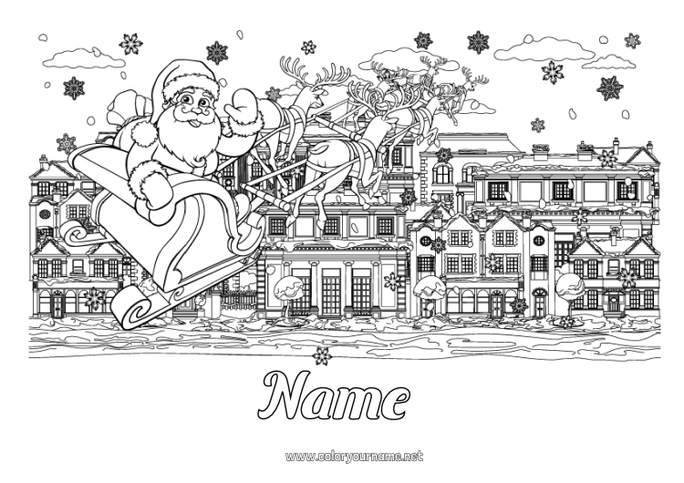 Coloring page to print Santa Claus Sleigh Complex coloring pages City ??landscape