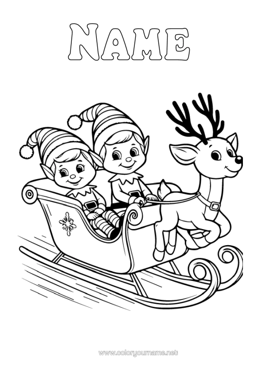 Colouring page to print Reindeer Sledge Christmas Elves Elf Colouring Pages Forest Animals