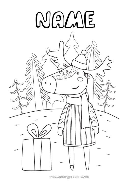 Colouring page to print Gifts Reindeer Animal Forest Animals Forest Sweater Scarf