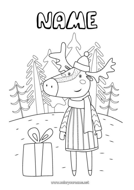 Coloring page to print Gifts Reindeer Animal Forest animals Forest Sweater Scarf