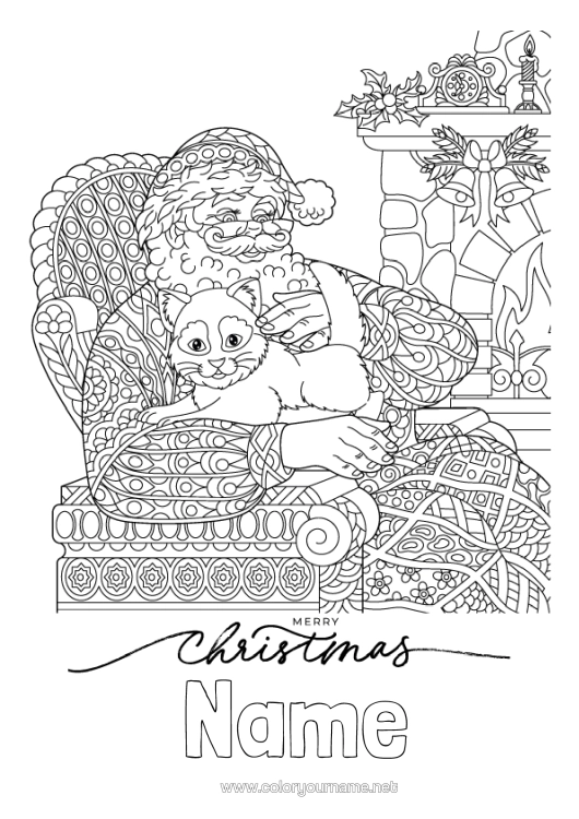 Colouring page to print Father Christmas Mandala Christmas Chimney Zentangle "Merry Christmas" Message