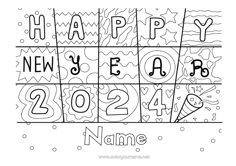 Colouring page to print Happy New Year 2024