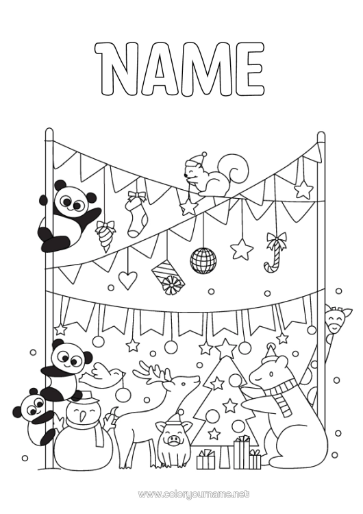 Colouring page to print Bear Winter Christmas Tree Squirrel Party Animal Panda Forest Animals Other Animals Of The World Deer