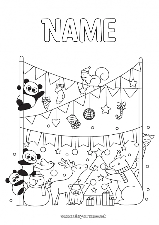 Coloring page to print Bear Winter Christmas tree Squirrel Party Animal Panda Forest animals Other animals of the world Deer