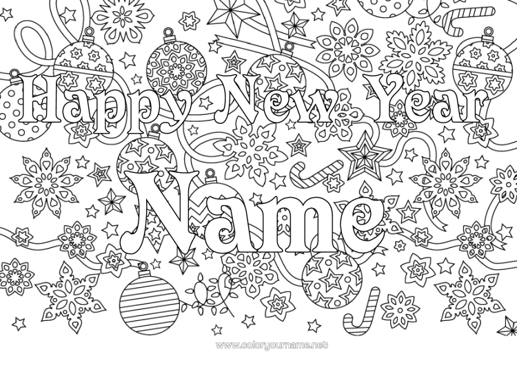 Colouring page to print Party Christmas Bauble Christmas Decorations Happy New Year Snowflakes Decorated Name Stars Complex Colouring Pages "Happy New Year" Decorative Background