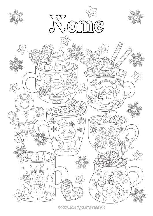 Página de desenho para imprimir Doces Inverno Caneca Flocos de neve Café Bebida Guloseimas, doces Marshmallows, marshmallows