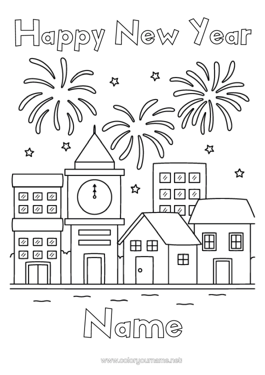 Colouring page to print Firework Cityscape 4Th Of July 14Th July