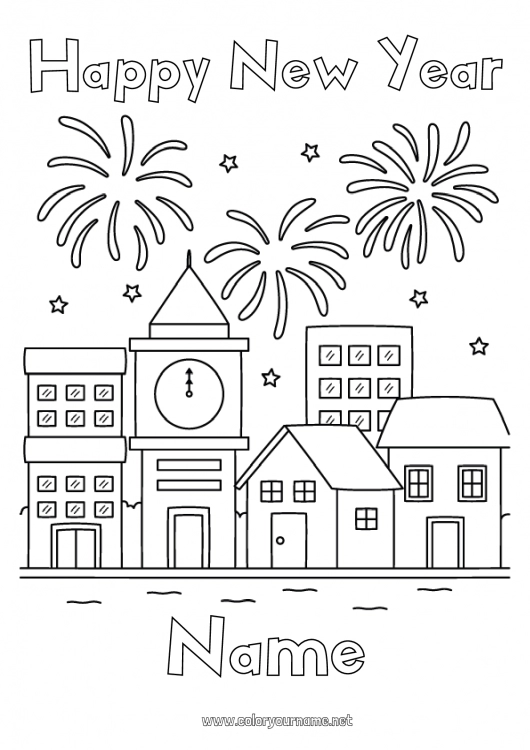 Coloring page to print Firework City ??landscape 4th July 14 July