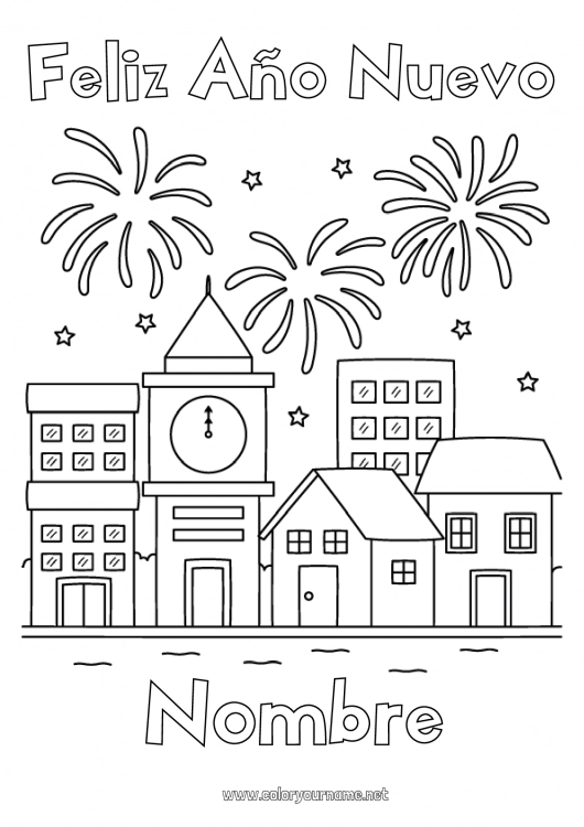 Dibujo para colorear para imprimir Fuegos artificiales Paisaje urbano 4 de julio 14 de julio