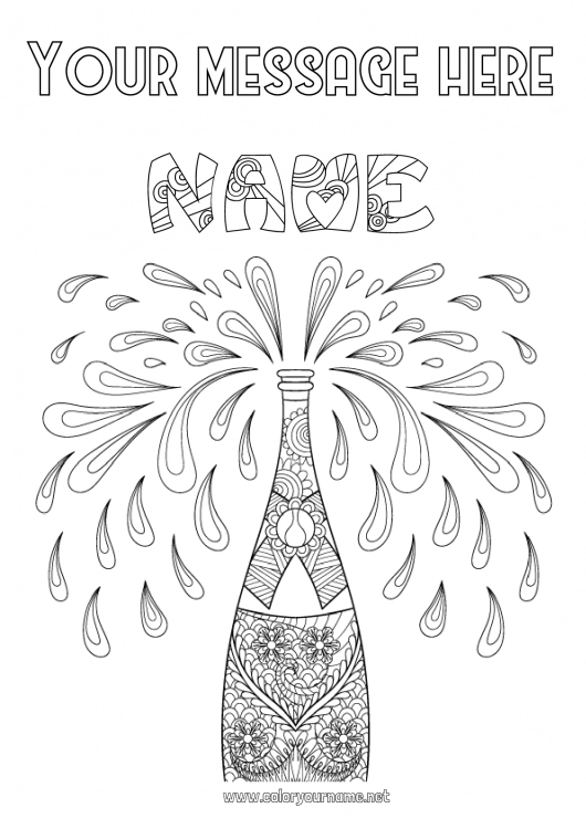 Coloring page to print Drinks Zentangle Bottle Champagne