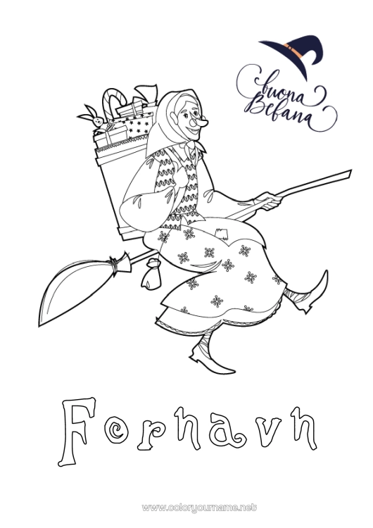 Farvelægningssiden til udskrivning Fejeblad Heks Epifani. Befana