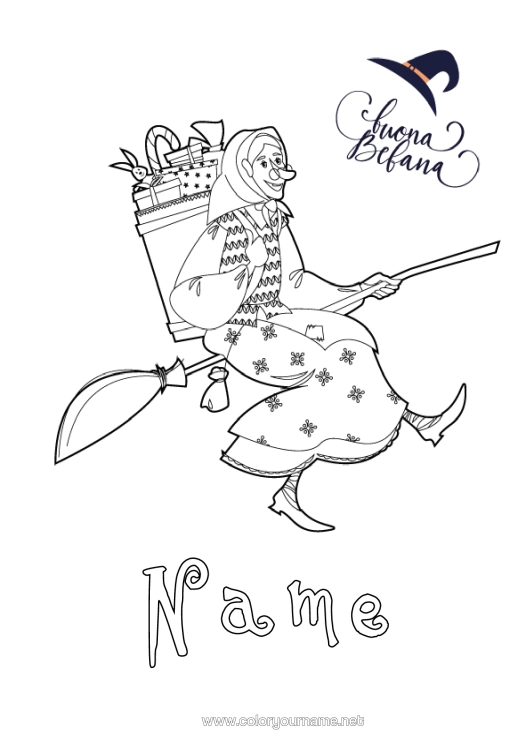 Colouring page to print Broom Witch Epiphany Befana