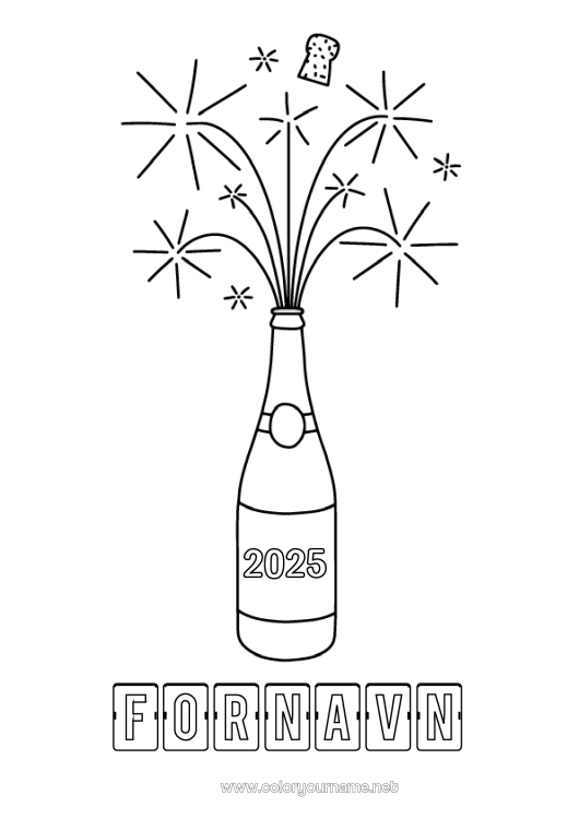 Farvelægningssiden til udskrivning God fest Godt nytår Nem farvelægning 2025 Tilpasseligt år Champagne
