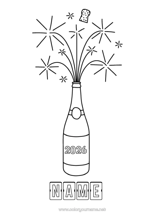 Colouring page to print Happy Birthday Happy New Year Easy Colouring Pages Customisable Year Champagne 2026 2027 2028 2029