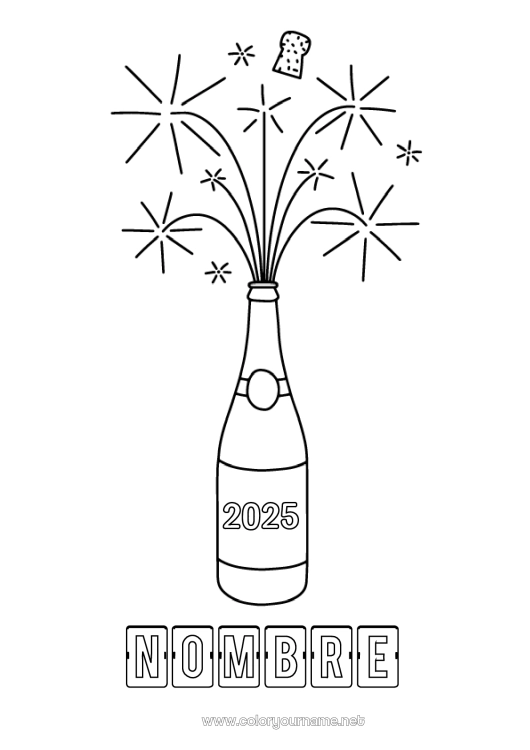 Dibujo para colorear para imprimir Feliz día de fiesta Feliz año Dibujos fáciles para colorear 2024 2025 Año Personalizable Champán