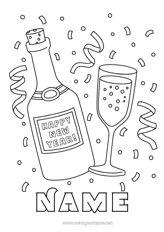 Colouring page to print Happy New Year "Happy New Year" Champagne