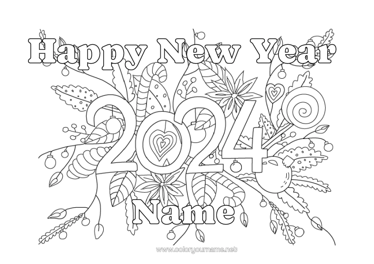 Colouring page to print Flowers Happy New Year 2024