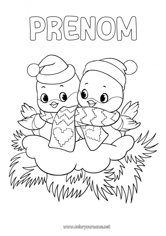 Coloriage à imprimer Hiver Oiseau Animal Oiseaux et mammifères volants écharpe Bonnet de Noël