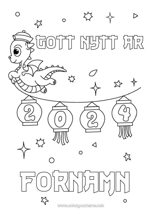 Färgläggningssida att skriva ut Drake Gott nytt år Drakar, enhörningar och fantastiska djur 2024 Meddelande 