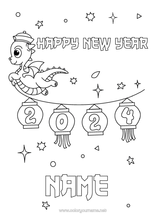 Colouring page to print Dragon Happy New Year Dragons, Unicorns, And Fantastical Creatures 2024 "Happy New Year"