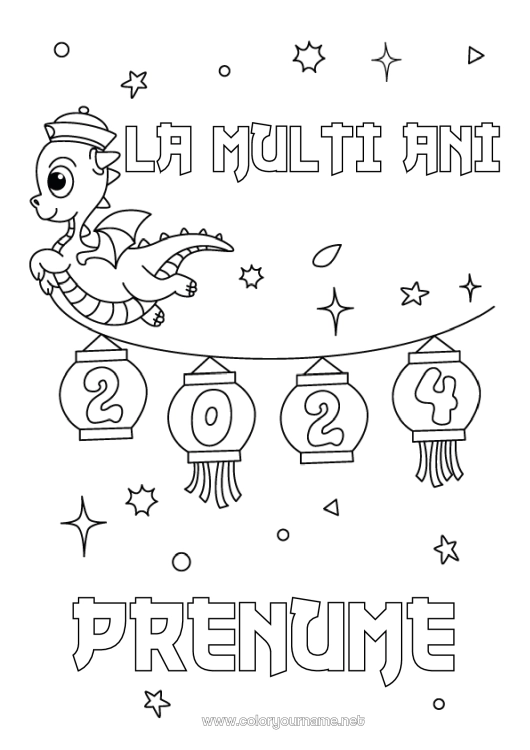 Pagină de colorat de imprimat Dragon La mulți ani! Dragoni, unicorni și animale fantastice 2024 Mesaj 