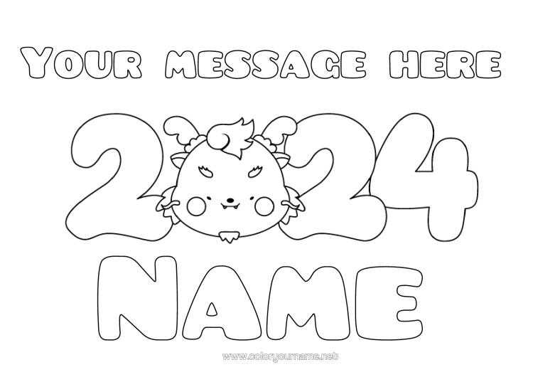 Colouring page to print Dragon Happy New Year Dragons, Unicorns, And Fantastical Creatures 2024 "Happy New Year"
