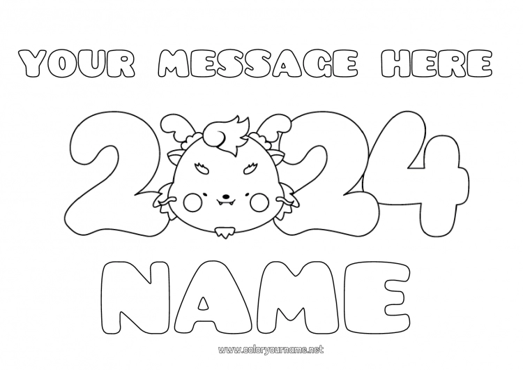 Coloring page to print Dragon Happy new year Dragons, unicorns and fantastic animals 2024 