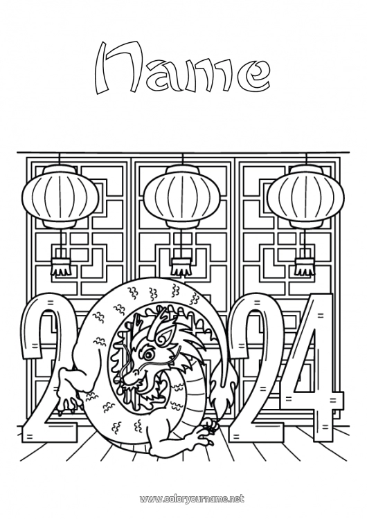 Coloring page to print Dragon Chinese lantern China Dragons, unicorns and fantastic animals 2024