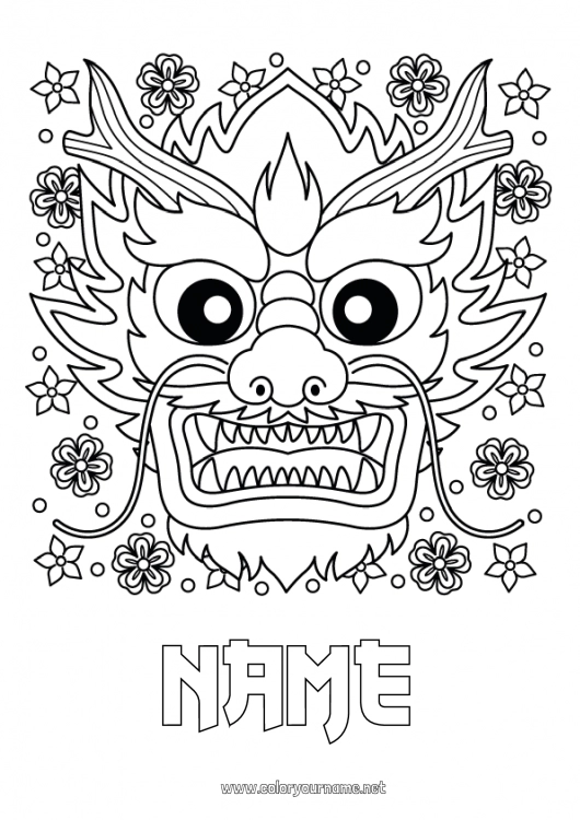 Coloring page to print Dragon Chinese New Year China Dragons, unicorns and fantastic animals Head