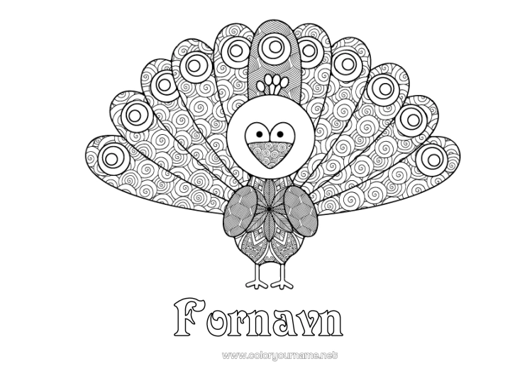 Farvelægningssiden til udskrivning Dyr Påfugl Zentangle Fugle og flyvende pattedyr