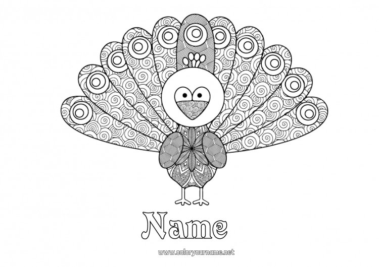 Coloring page to print Peacock Zentangle Flying birds and mammals