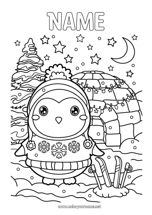 Coloring page to print Snow Winter Penguin Animal Flying birds and mammals Igloo Sweater Ski Winter Sports