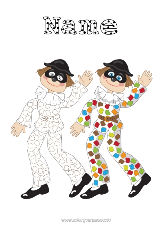 Colouring page to print Clown Children's Activities Carnival Mardi Gras Colouring With Template Harlequin