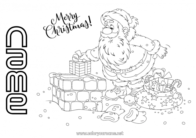 Coloring page to print Gifts Santa Claus Christmas Hood Chimney “Merry Christmas” message