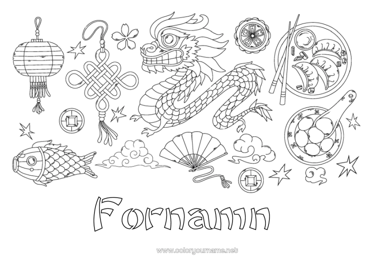 Färgläggningssida att skriva ut Drake Kinesiskt nyår Kinesisk lykta Kina Symboler Drakar, enhörningar och fantastiska djur