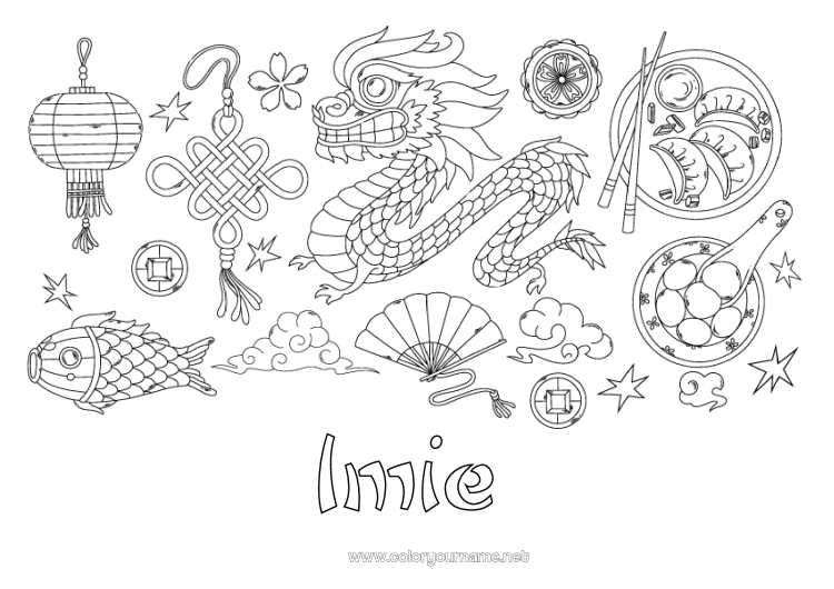Kolorowanka do wydruku Smok Chiński Nowy Rok Chińska latarnia Chiny Symbole Smoki, jednorożce i fantastyczne zwierzęta