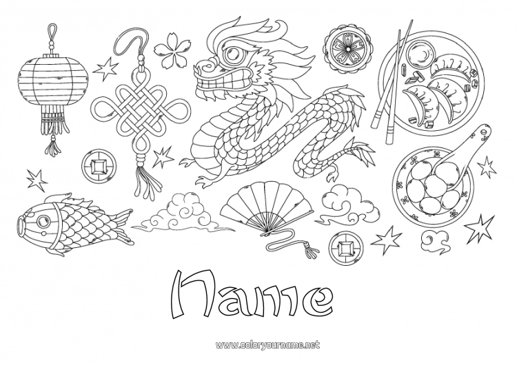 Coloring page to print Dragon Chinese New Year Chinese lantern China Symbols Dragons, unicorns and fantastic animals